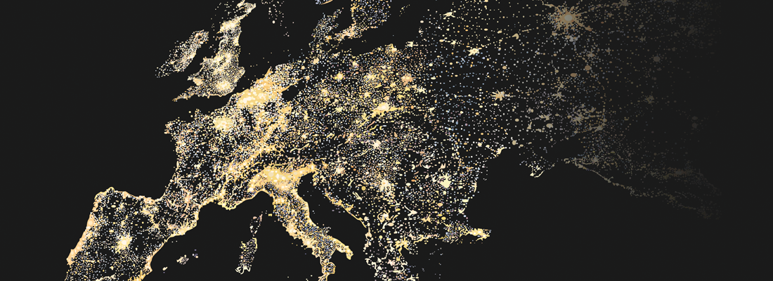 Een kaart van Europa waarbij de belangrijkste gebieden worden verlicht